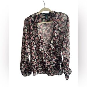 Lauren Ralph Lauren Sheer Floral Ruffle Blouse XL – Romantic Black Rose Print